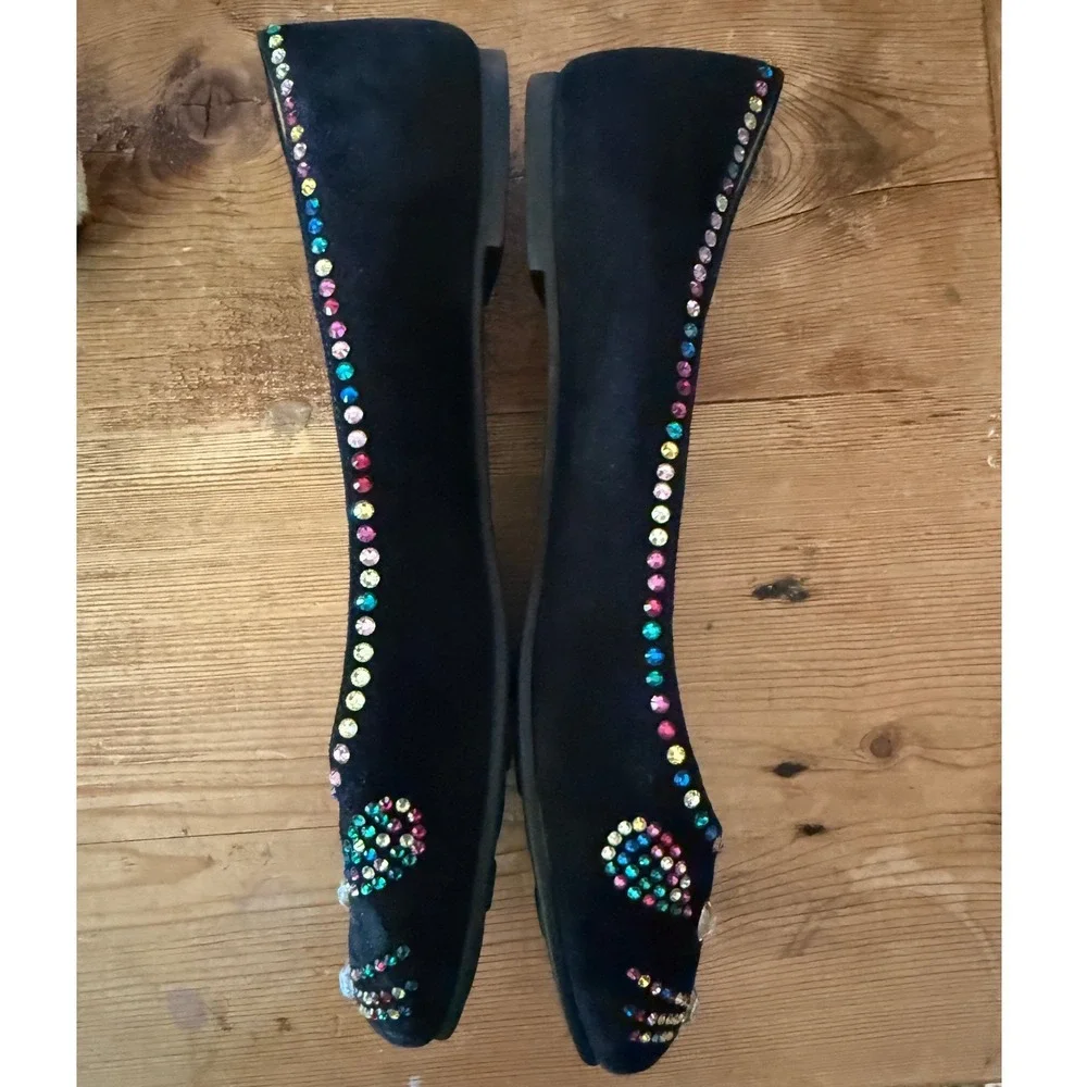 Marc‎ by Marc Jacobs Black Suede Rhinestone Cat Face Ballet Flats Size 37.5